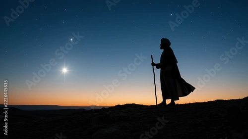 Cinematic Silhouette of a Wise Man Walking Across a Desert Ridge Under a Starry Night Sky Toward the Star of Bethlehem with Minimalist Composition and Copyspace