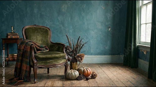 Moody Autumn Gothic Interior with Green Velvet Armchair and Heirloom Pumpkins on Textured Teal Wall Background with Copy Space