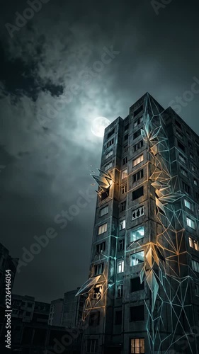 Apocalyptic Apartment Tower with Glowing Persian Geometric Shards and Urban Decay, Cinematic Horror Poster Background with Copy Space