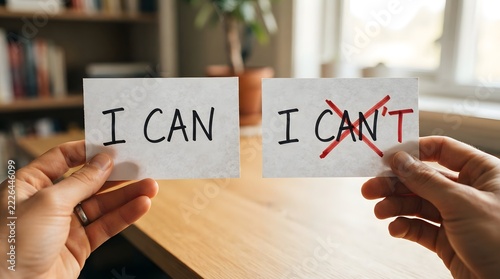 Hands holding 'I CAN' and crossed out 'I CAN'T' cards, symbolizing positive mindset and self-belief on a wooden desk.