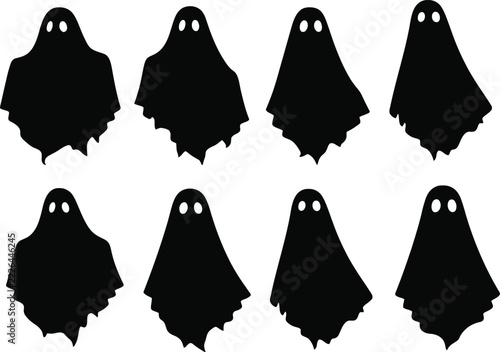 Halloween-Ghost Black Silhouette Illustration with Flowing White Sheet Shape for Spooky Seasonal Decorations and Party Graphics
