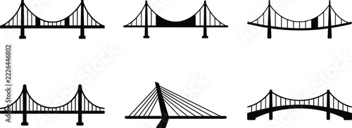 Modern suspension bridge vector icon set showcasing cable-stayed and