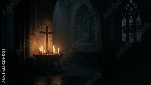 Premium Dark Atmospheric Christian Cross Silhouette in Hallowed Cathedral Setting with Warm Candlelight and Expansive Black Copy Space for UI Hero Background