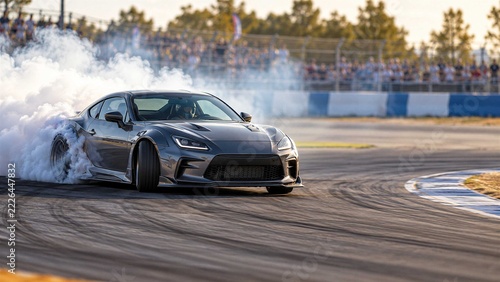 Sports Car Drifting on Racetrack with Heavy Tire Smoke During Motorsport Event