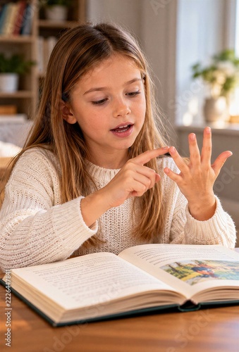 Young Girl Finger Spelling While Reading Book at Home, Child Learning and Education Concept