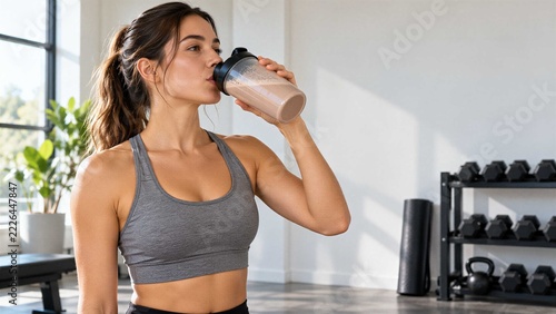 Fit Woman Drinking Protein Shake in Gym After Workout, Sports Nutrition and Healthy Lifestyle
