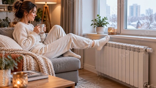 Woman Relaxing on Sofa with Hot Drink and Warming Feet by Radiator in Cozy Home Interior