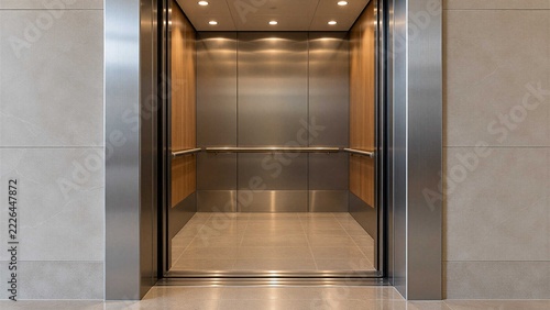 Modern Elevator Interior with Open Stainless Steel Doors in Contemporary Building