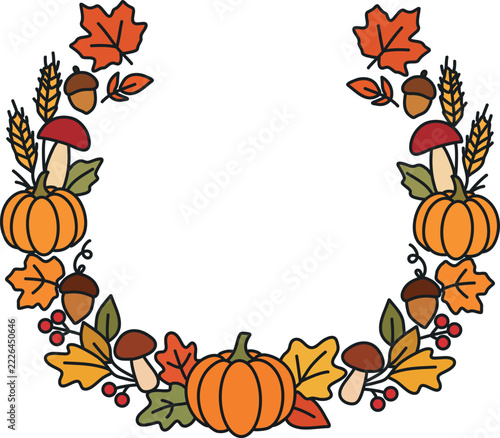 Autumn harvest border illustration with orange pumpkins, mushrooms, acorns, colorful fall leaves, wheat stalks and red berries arranged around an empty central space.