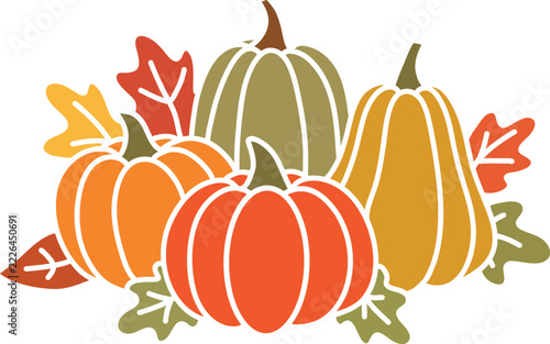 Colorful flat vector illustration of four pumpkins in orange, red, yellow and muted green, surrounded by autumn oak leaves with bold black outlines.