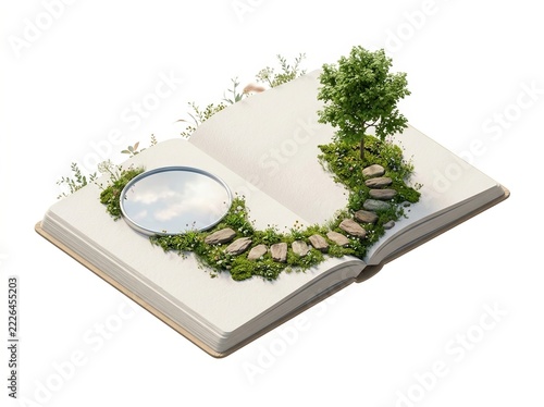 Life Coaching: Open reflective notebook with mirror and stepping stones