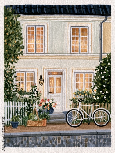 Watercolor and gouache illustration of a cozy townhouse with windows, a wooden front door, a wicker basket full of flowers and vegetables, green potted plants, and a bicycle