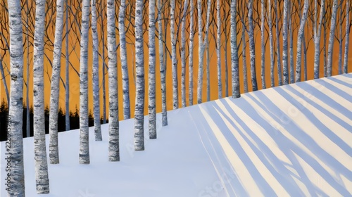 Landscape painting of a group of birch trees in deep snow at sunset