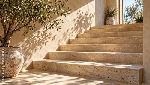 Minimalist sunlit travertine staircase alcove with dappled leaf shadows for product background