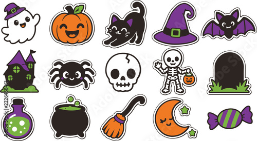 Colorful halloween icons set including ghosts pumpkins bats skeletons and other spooky elements