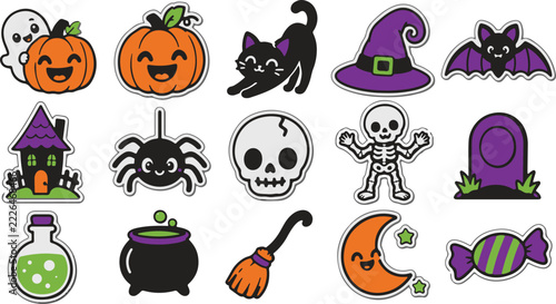 Collection of charming halloween icons including pumpkins ghosts bats and spooky elements
