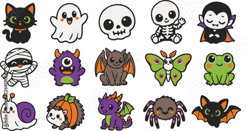 Colorful cartoon halloween creatures and monsters arranged in a grid pattern