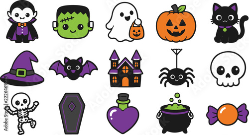 Colorful halloween icons set featuring ghosts monsters and traditional decorations