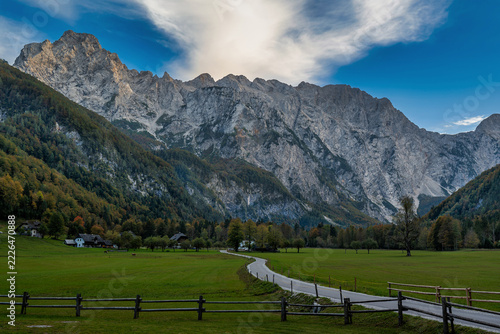 Scenic Logar Valley with Majestic Alpine Mountains in Autumn, Slovenia