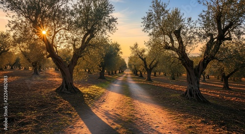 Ancient olive grove pathway at sunset with warm golden light casting long shadows in a peaceful orchard