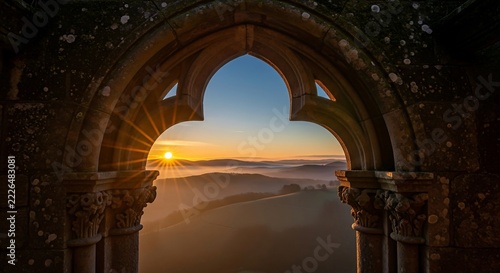 Gothic stone arch framing a golden sunrise over misty valley hills with serene atmospheric morning light