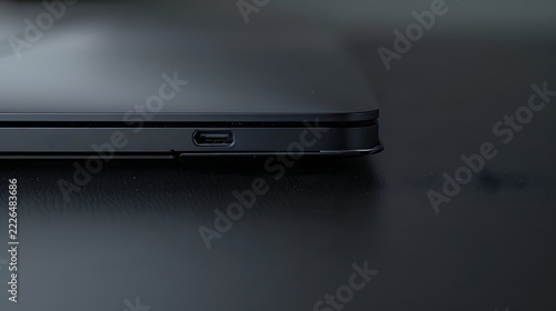 Minimalist Matte Black Aluminum Laptop Hinge Detail on Grey Surface