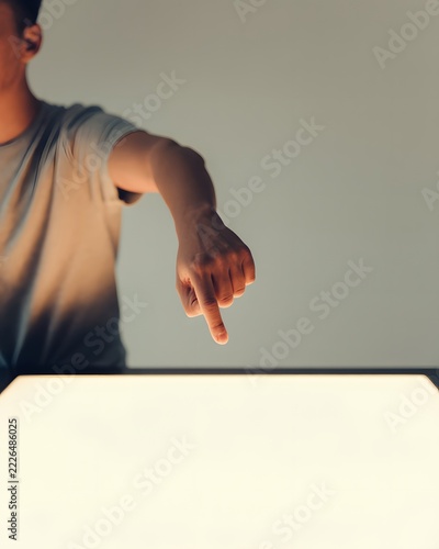 Person pointing with an index finger in an expressive gesture directing attention and indicating a direction for communication and promotional concepts with a bold visual emphasis on the hand movement