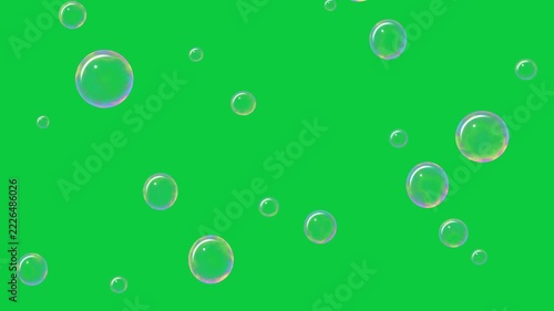 Iridescent soap bubbles with rainbow reflections floating upward and wobbling, dreamy playful animation