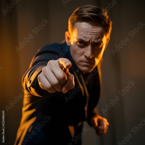 Person pointing with an index finger in an expressive gesture directing attention and indicating a direction for communication and promotional concepts with a bold visual emphasis on the hand movement