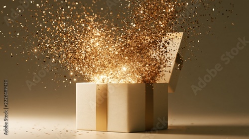 Open Luxury Gift Box with Golden Star Confetti and Sparkling Light on Beige Background