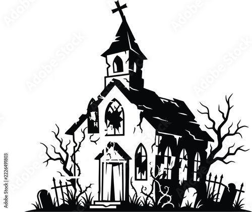 Fotografie Haunted church silhouette with graveyard on a white background