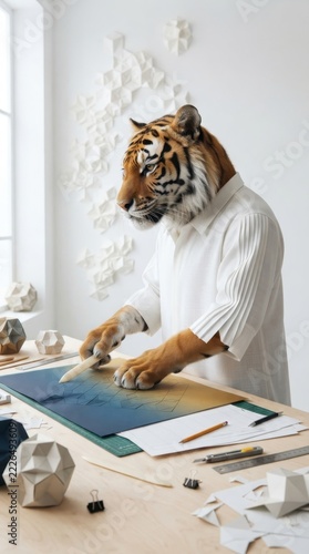Tiger with human body crafting paper art in studio