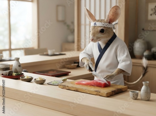 Mouse preparing sushi in japanese restaurant