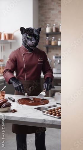 Black panther chef tempering chocolate in kitchen