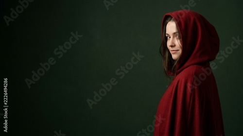 Young woman in red hooded cloak looking over shoulder on dark green background. Halloween costume and little red riding hood character concept. Mystery, fairy tale and autumn season theme.