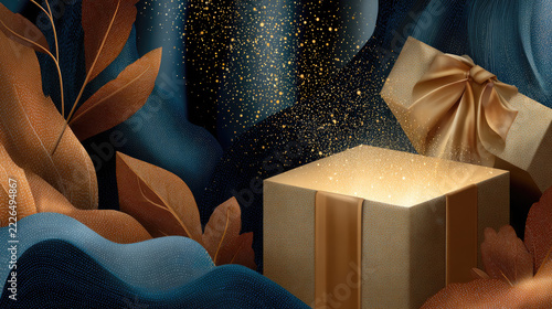 Golden gift box opening, releasing a shower of sparkling light particles, creating a sense of wonder and celebration in a grand, elegant setting with blurred classical columns
