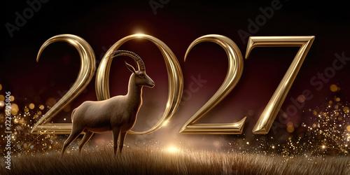 Golden 2027 numbers with a goat standing in shimmering grass, surrounded by glittering bokeh and light effects, festive luxury banner celebrating prosperity and new year hopes