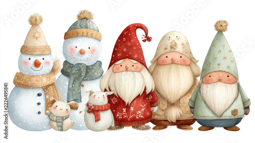 Watercolor illustration depicting an adorable group of snowmen, a rabbit, a penguin, and a gnome wearing cozy winter attire, ready for holiday festivities