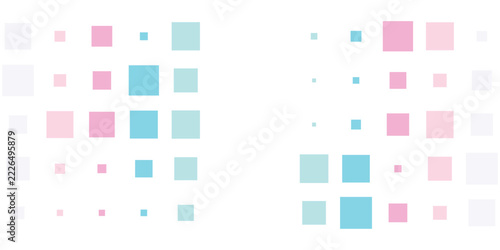 Latar belakang ilustrasi vektor abstrak yang menampilkan kisi piksel persegi pastel merah muda dan cyan. Tekstur kubus simetris yang lembut cocok untuk latar belakang spanduk web.