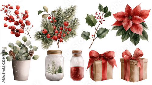 Watercolor christmas and winter holiday elements: poinsettia, pine branches, cinnamon sticks, dried orange, red berries, gingerbread cookie, pinecones and wrapped gift on white background