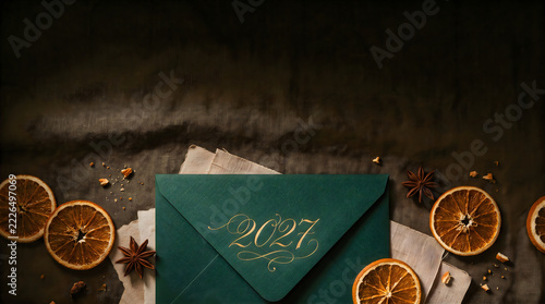 New Year 2027 Elegant Stationery Flat Lay With Handcrafted Cards And Calligraphy On Wooden Background