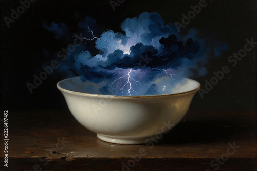 A Miniature Thunderstorm Swirling Inside an Ivory Porcelain Bowl in a Darkened Room