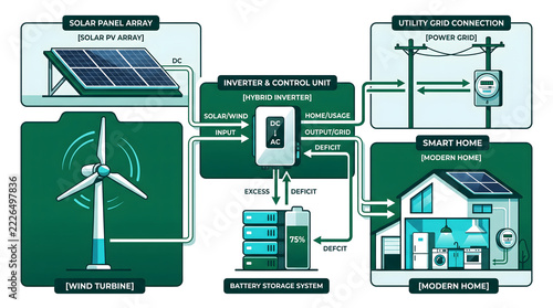 Hybrid Renewable Energy System Diagram with Solar Panels, Wind Turbine, Inverter, Battery Storage, Utility Grid and Smart Home Flow
