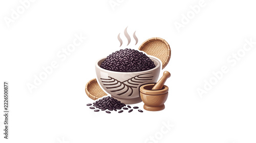 Bowl of black rice with steam and utensils on transparent