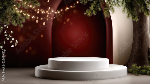 Empty white tiered podium standing on a red stage with golden light arch and decorative foliage, creating a festive backdrop for product display or presentation during the holiday season