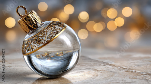 Clear glass christmas ball decoration featuring an ornate golden cap, resting on textured stone tiles while reflecting blurred green pine branches, symbolizing festive holiday season elegance