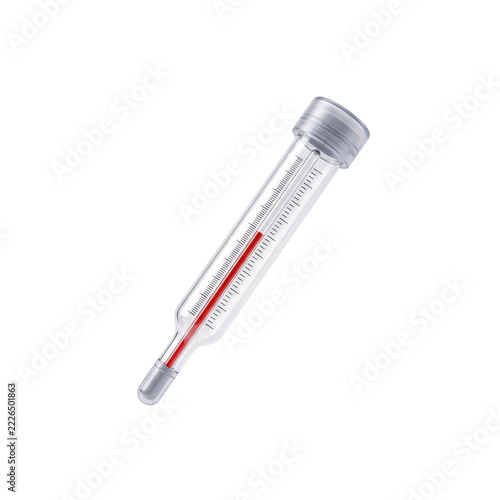 Medical thermometer with red liquid on transparent background