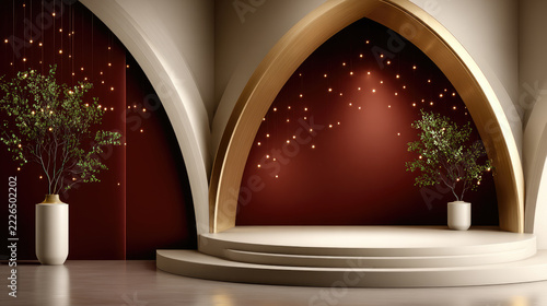 Empty podium stage featuring an arched golden frame, decorative vases with red berries, and glowing festive lights, creating an elegant backdrop for product display or presentation