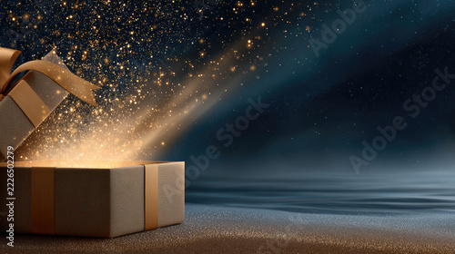 Golden gift box opening, releasing a shower of sparkling light particles, creating a sense of wonder and celebration in a grand, elegant setting with blurred classical columns
