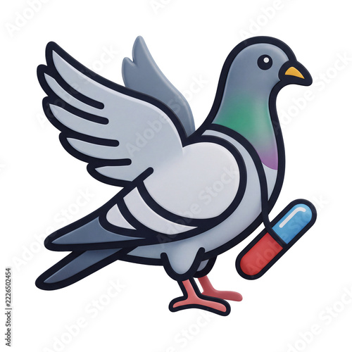 Stylized pigeon carrying a medical pill on transparent background